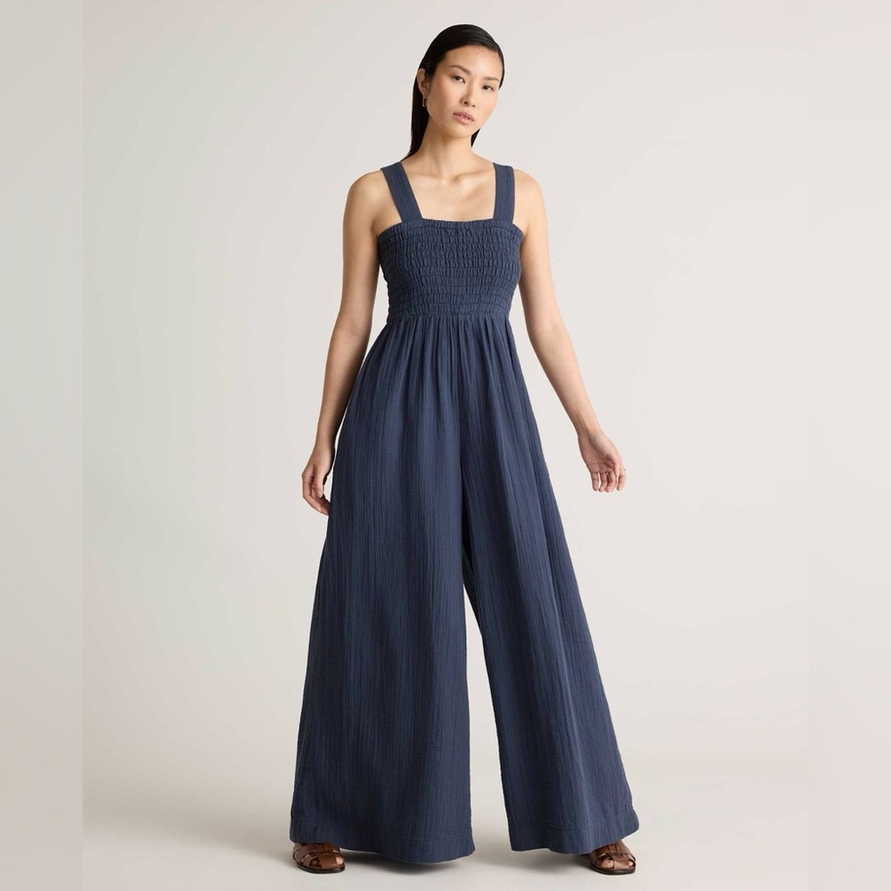 Quince 100% Organic Cotton Gauze Smocked Wide Leg Jumpsuit- Size S